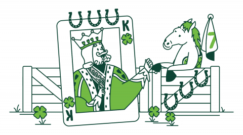 A cartoon of an oversized King card shaking hands with a race horse